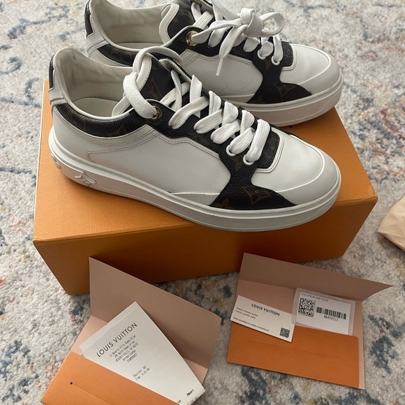 Louis Vuitton Shoes - Louis Vuitton Time Out Sneakers White Cocoa Logo Heel In Box Womens Sz 37/US7